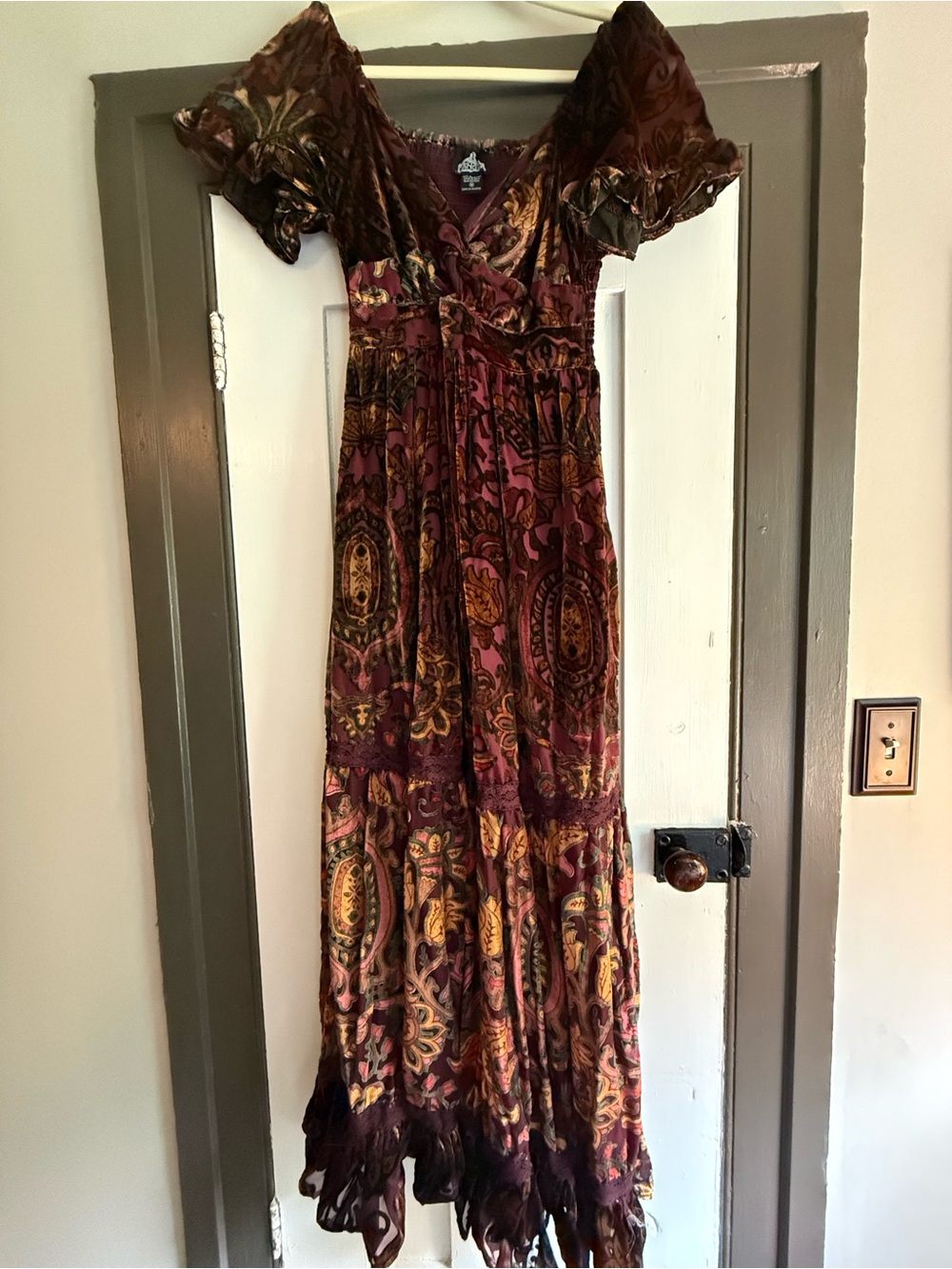 Angie Burgundy and Gold Paisley Velvet Maxi Dress